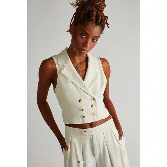 NWT Free People Gabbie Vest Suit Set Wide Leg Two Piece Matching in Cream 2 - Picture 4 of 13